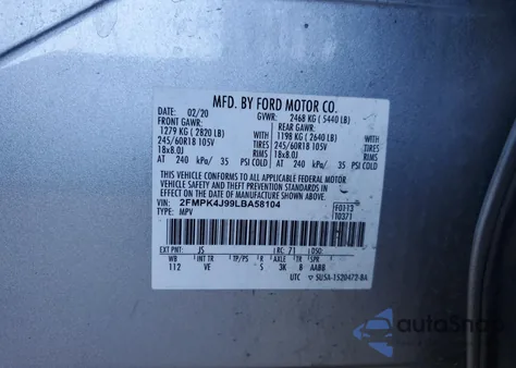 2020 Ford Edge Sel из США, поврежденный, VIN 2FMPK4J99LBA58104